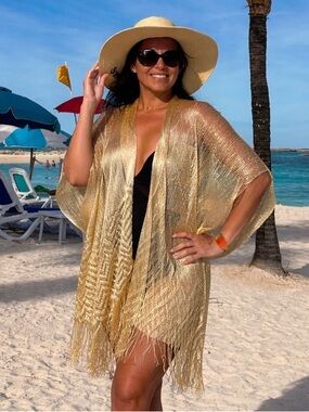 Gold Fringe Kimono Cover Up Boho Beach Swim Resort Shawl Festival
